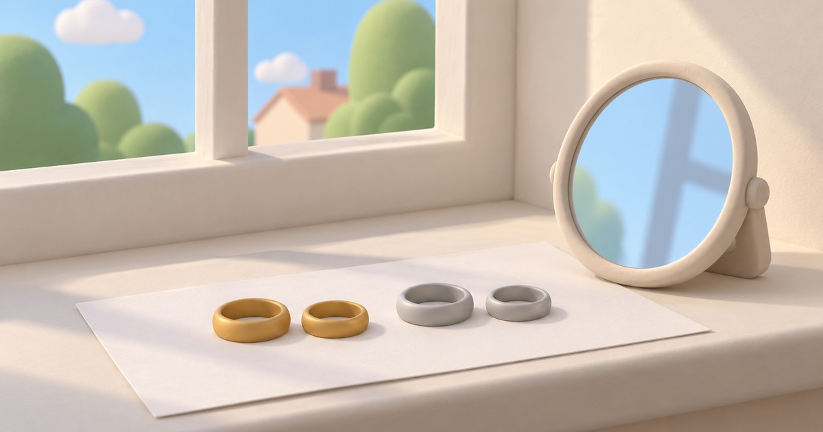 Měkká 3D ilustrace parapetu s bílým papírem, zlatými a stříbrnými prsteny a kulatým zrcadlem.